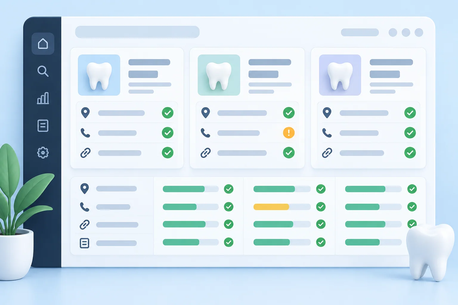Illustrated comparison of dental listing profiles and their address, phone, and website fields