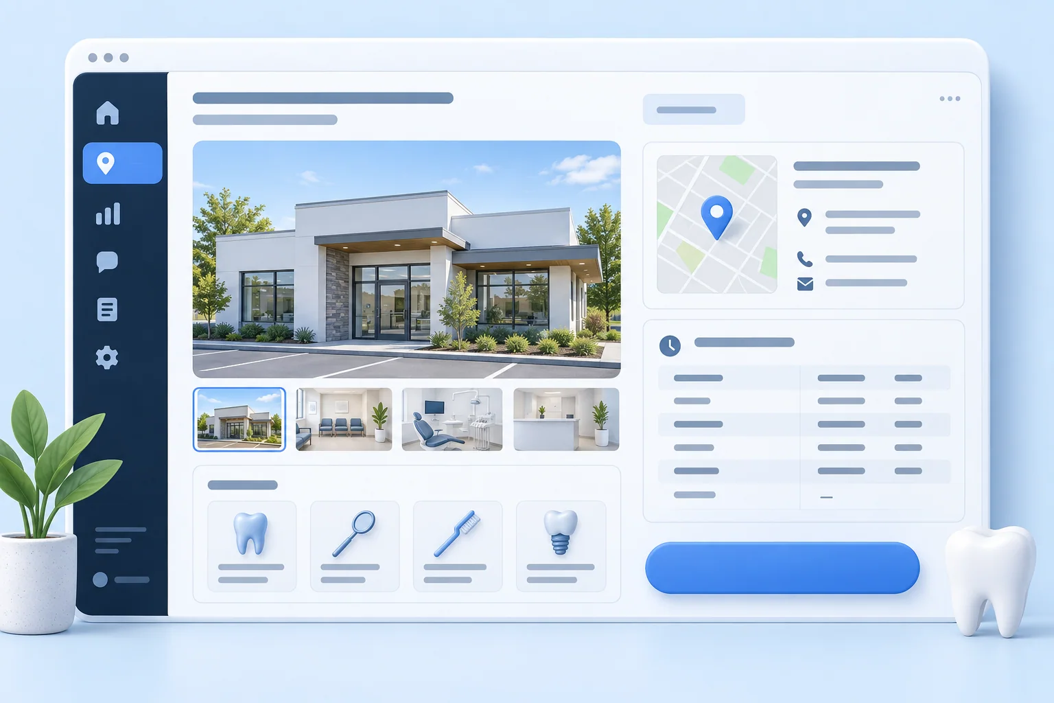 Illustrated dental office location page with photos, contact details, hours, and services