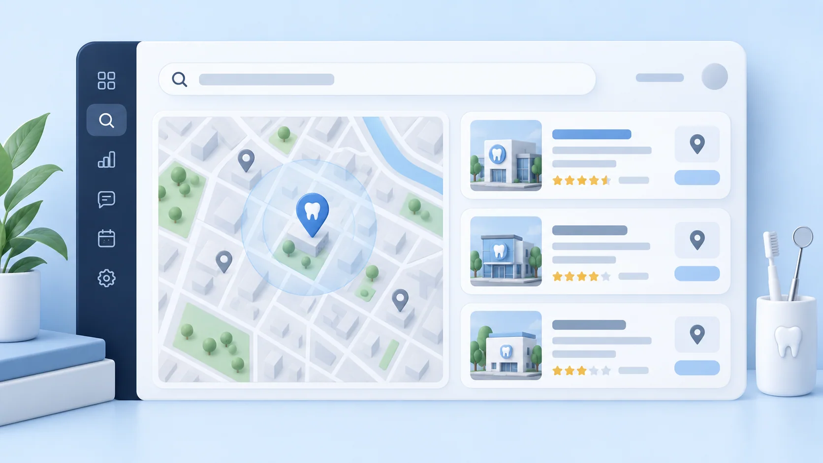 Illustrated local dental search dashboard with a map and nearby practice results